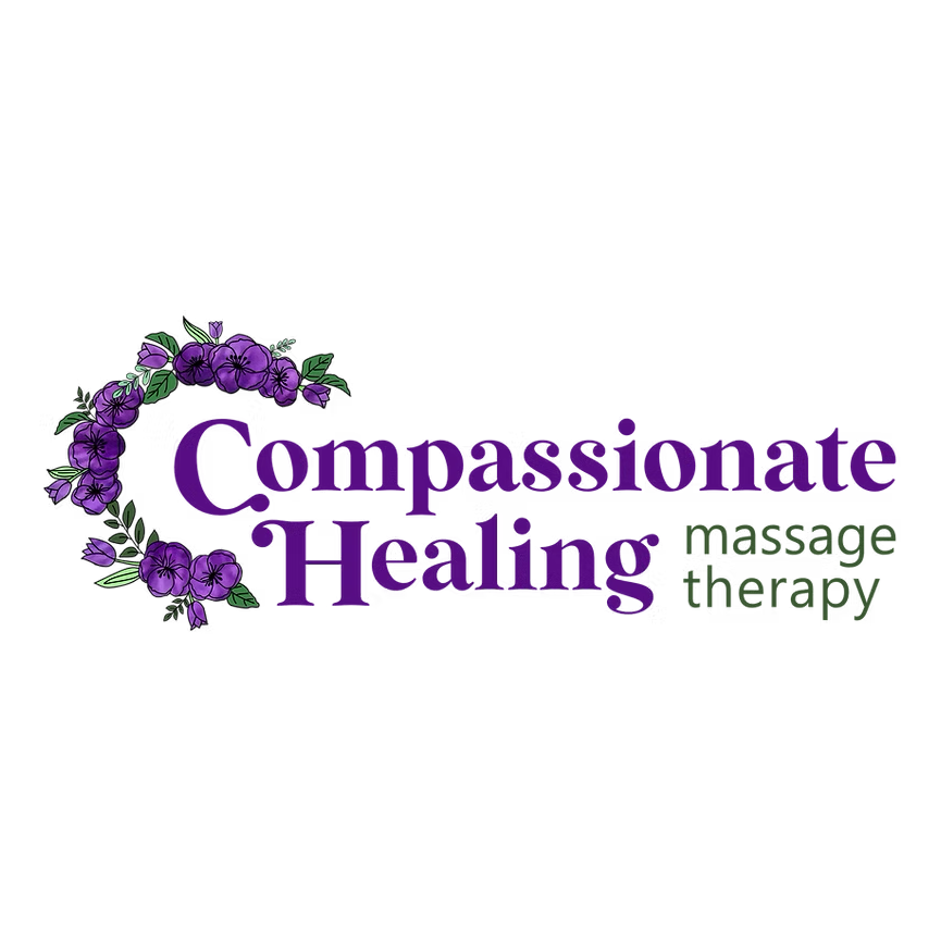 Logo for "Compassionate Healing Massage Therapy" with purple flowers and green leaves.