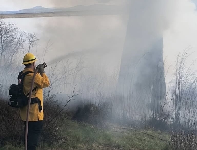 A firefighter in protective gear is using a hose to battle smoke and flames in a grassy area, surrounded by trees.