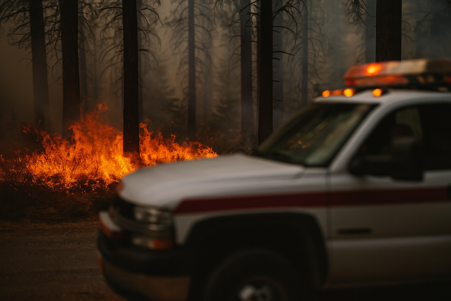 Fire burning in a forest, with a vehicle in the foreground emergency lights on.