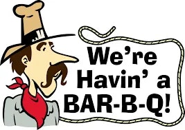 Cartoon cowboy with text: "We're Havin' a BAR-B-Q!"