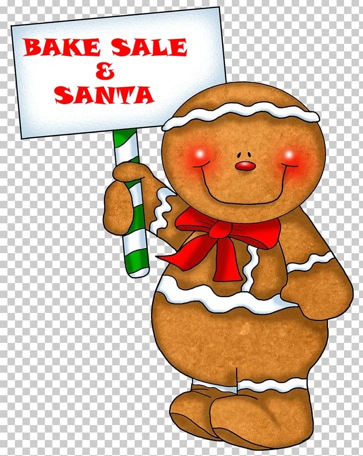 A smiling gingerbread person holding a "Bake Sale & Santa" sign, with festive white icing and a red bow.