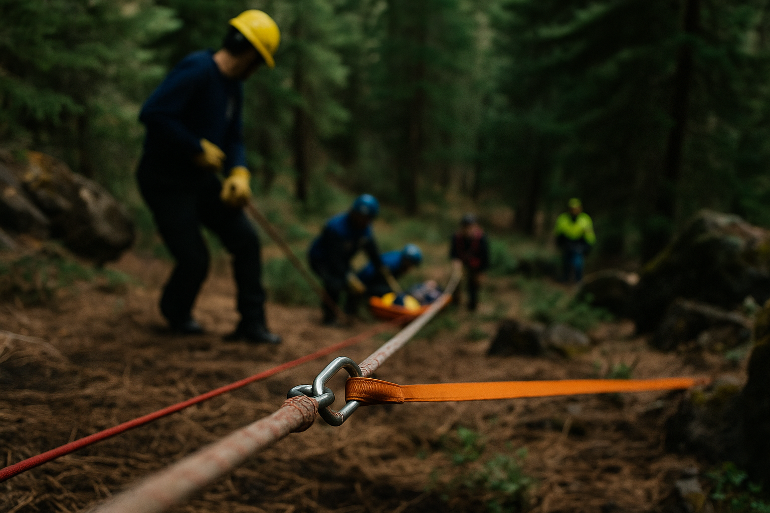 Rescue team using ropes to pull a person in a stretcher through a forest.