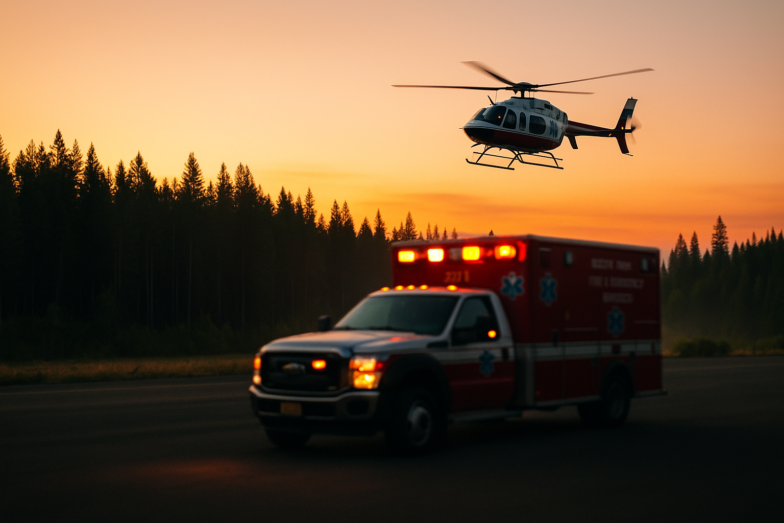 Ambulance with lights on and a helicopter flying above at sunset, with trees in the background.