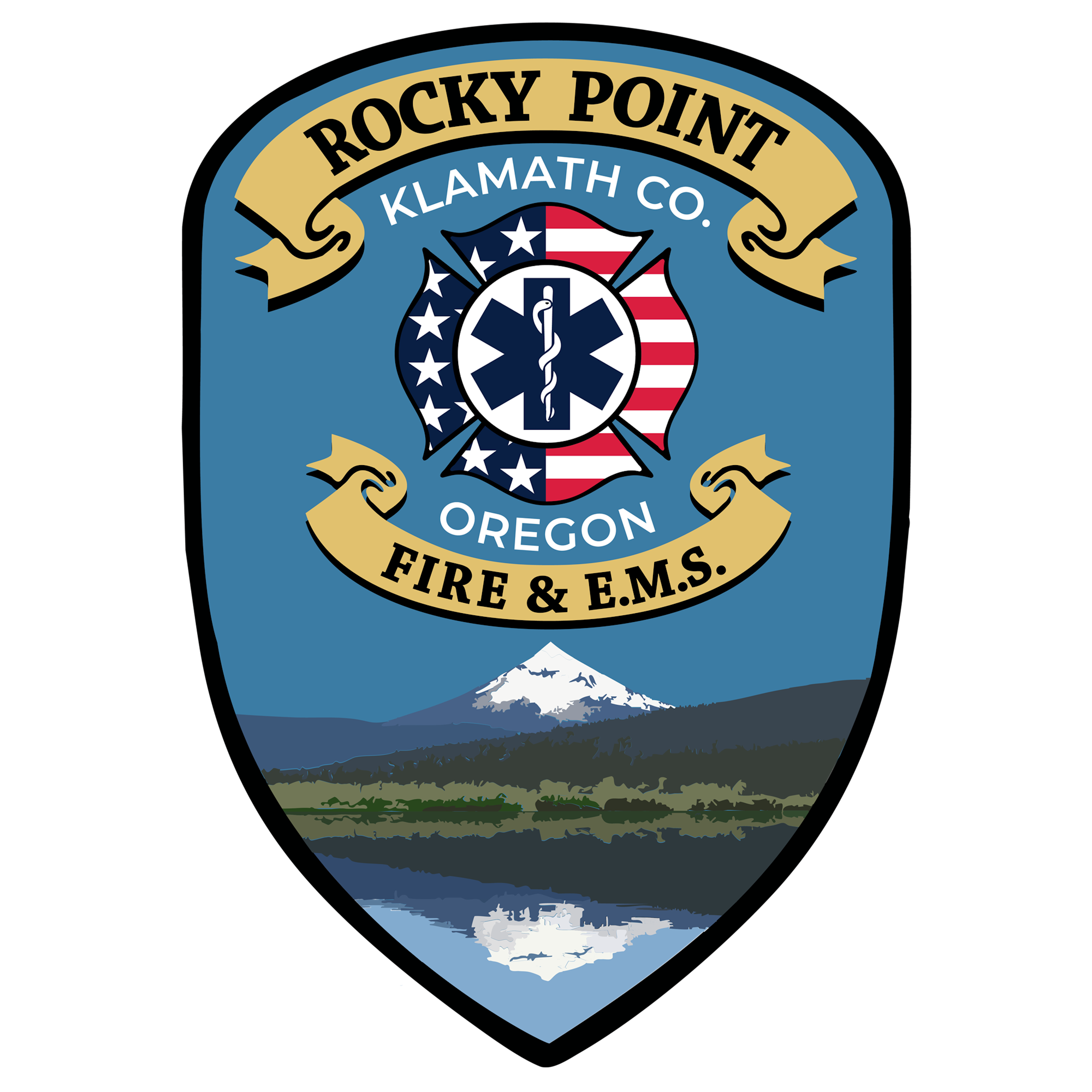Rocky Point Fire & E.M.S. logo with a mountain backdrop, "Klamath Co., Oregon," featuring a medical emblem.