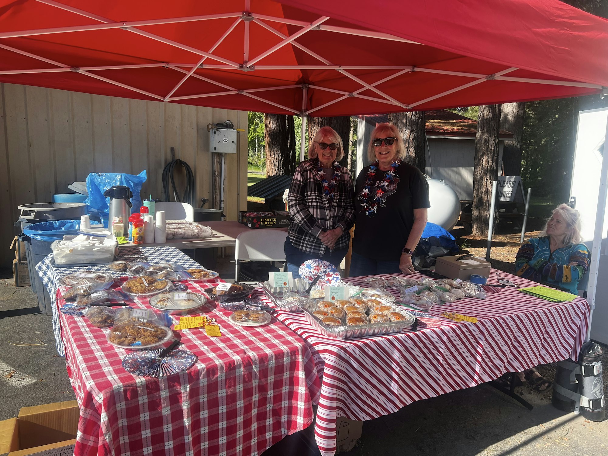 Outdoor bake sale with two women behind a table filled with various baked goods under a red canopy.