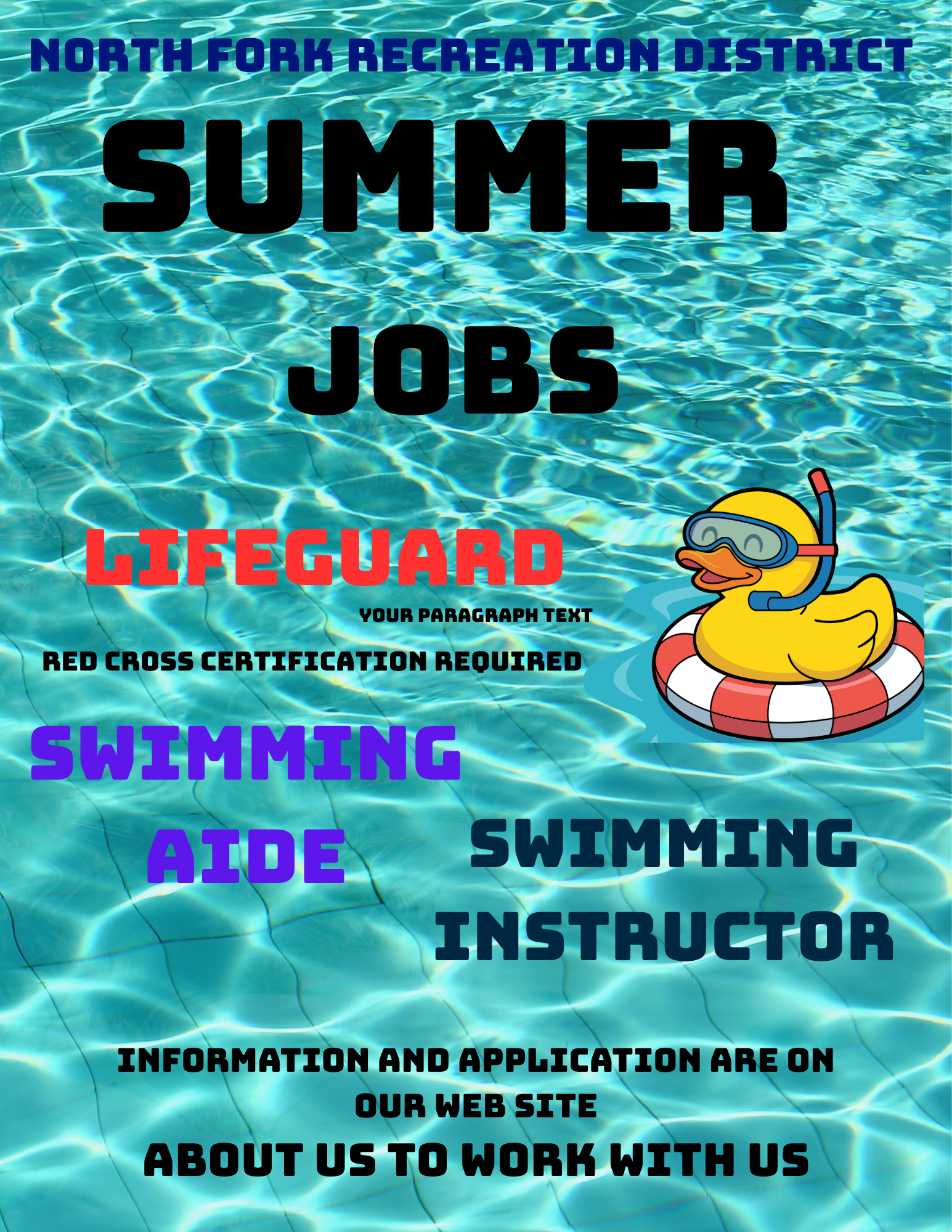 The image promotes summer job opportunities at North Fork Recreation District, including lifeguard and swimming instructor positions.
