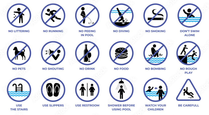 A set of pool safety and etiquette signs, indicating rules like no running, no diving, and shower before swimming.