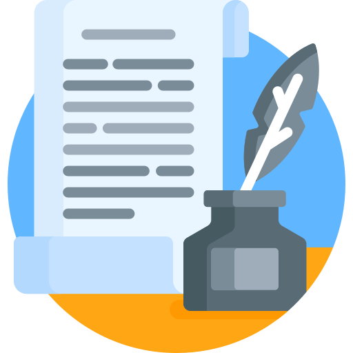 A graphic of a paper document with a quill and an inkwell, symbolizing writing or historical documents.