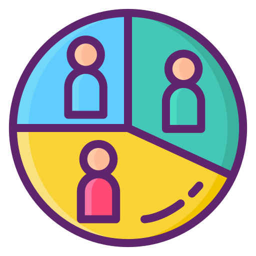 A pie chart with three colored sections and human silhouettes representing statistics or demographics.