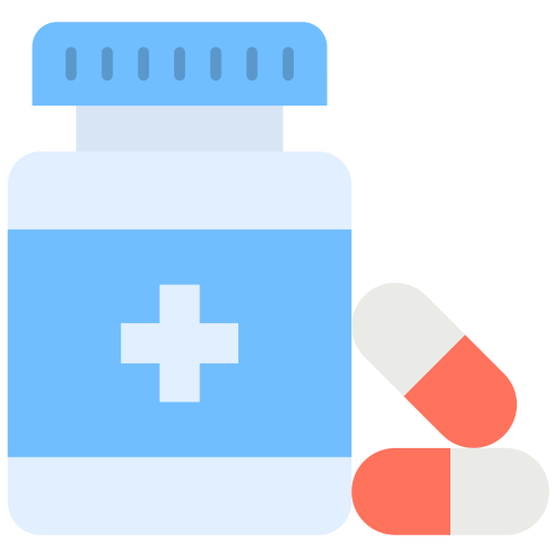 A medicine bottle with a cross symbol and two capsules.