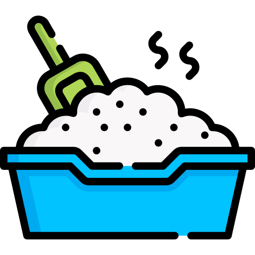 A blue litter box with a green scoop in white litter.