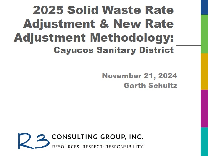 2025 solid waste rate adjustment methodology for Cayucos Sanitary District, by R3 Consulting Group.