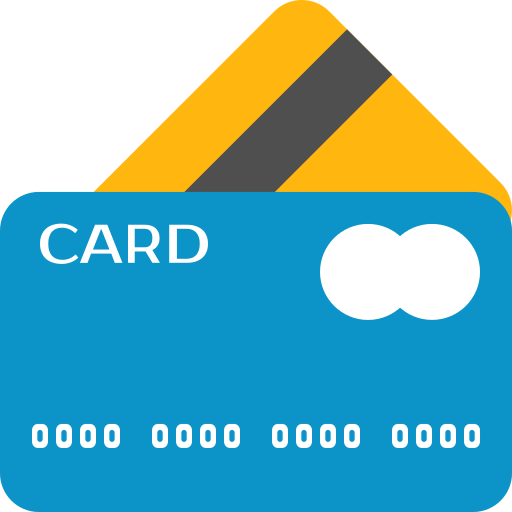 Two credit cards, one blue and one yellow, with generic designs, and a sequence of zeros on the blue card.