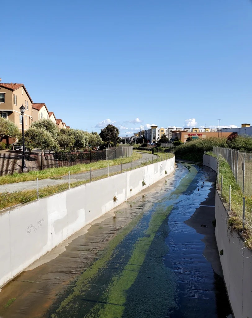 A concrete channel with flowing water, greenery along the banks, and buildings in the background under a clear blue sky.