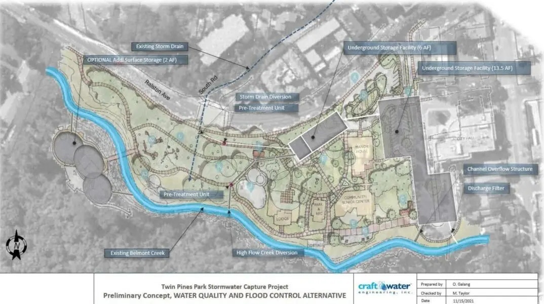 A map of the Twin Pines Park stormwater capture project, showing features for water quality and flood control, including storage units.