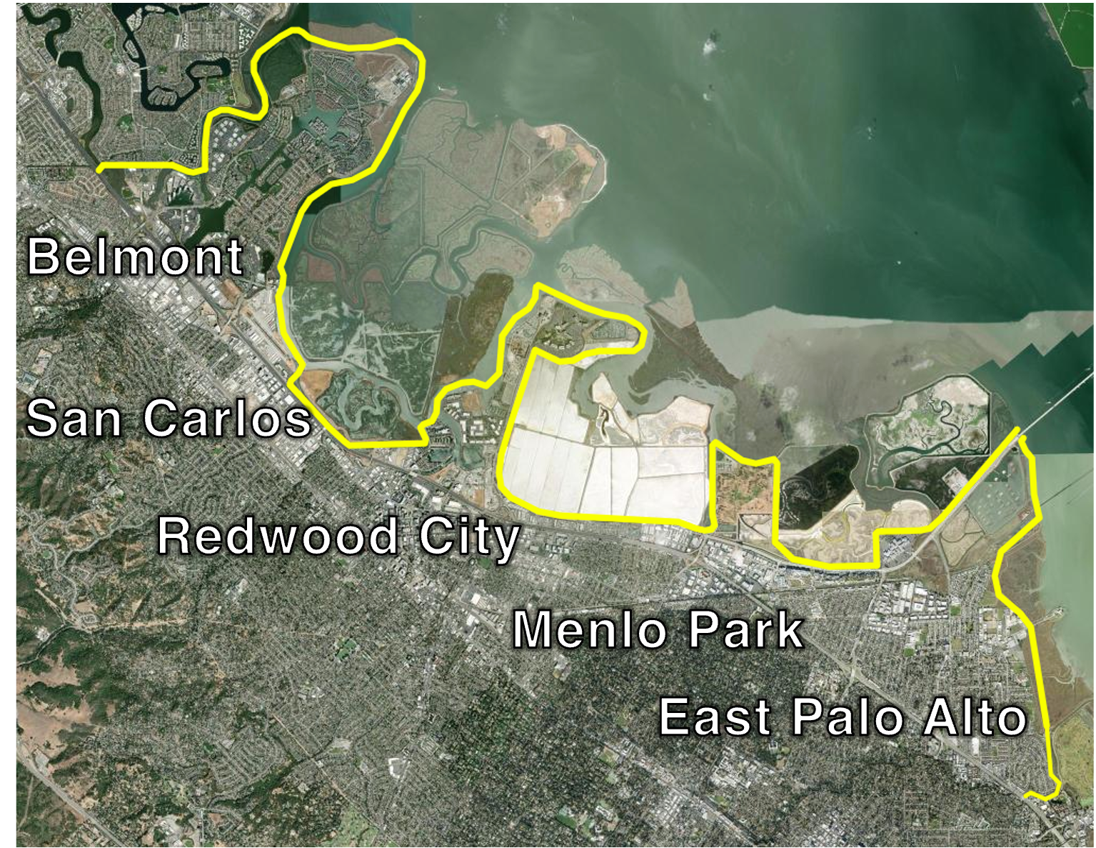 The image shows a map highlighting areas including Belmont, San Carlos, Redwood City, Menlo Park, and East Palo Alto.