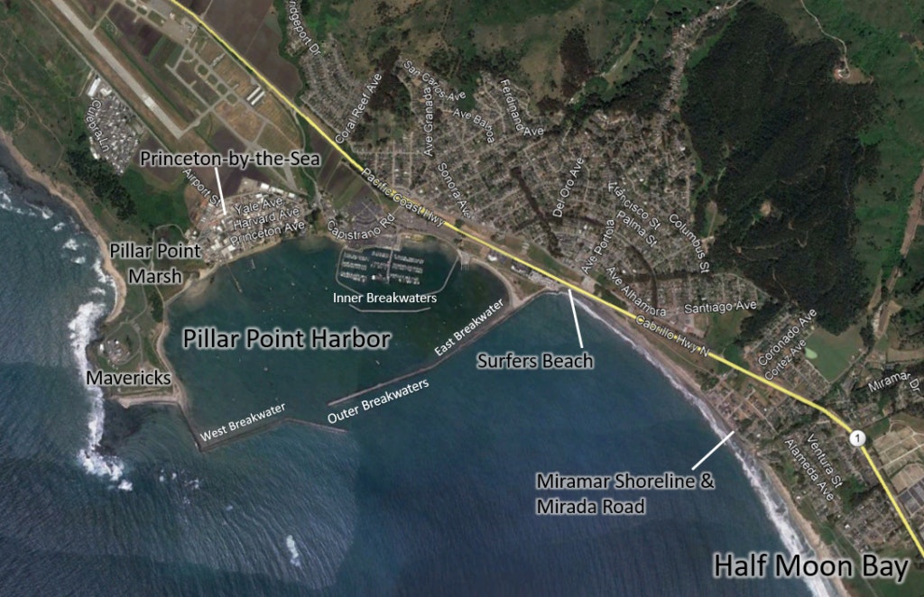 The image is an aerial map showing Half Moon Bay, Pillar Point Harbor, Surfers Beach, and surrounding areas like Princeton-by-the-Sea.