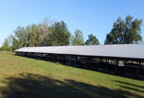 Long shed with a metal roof in a grassy area, surrounded by trees.
