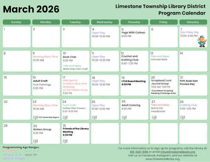 March 2026 calendar for Limestone Township Library features events like story times, craft sessions, and book club meetings.