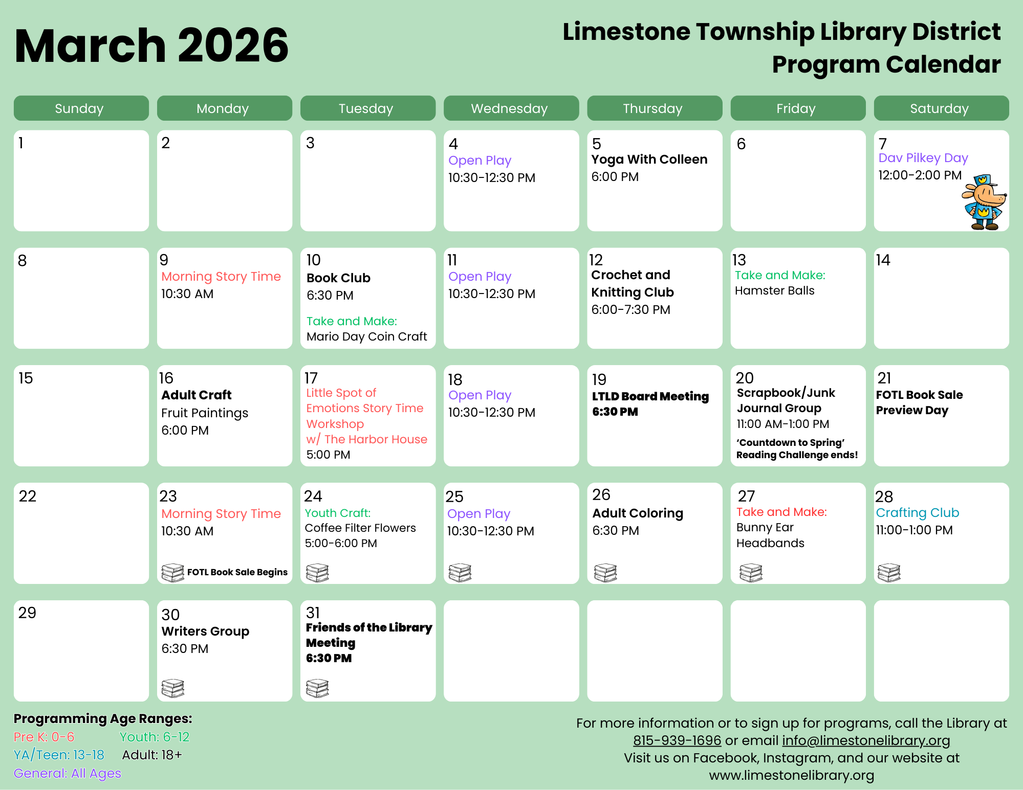 March 2026 calendar for Limestone Township Library features events like story times, craft sessions, and book club meetings.