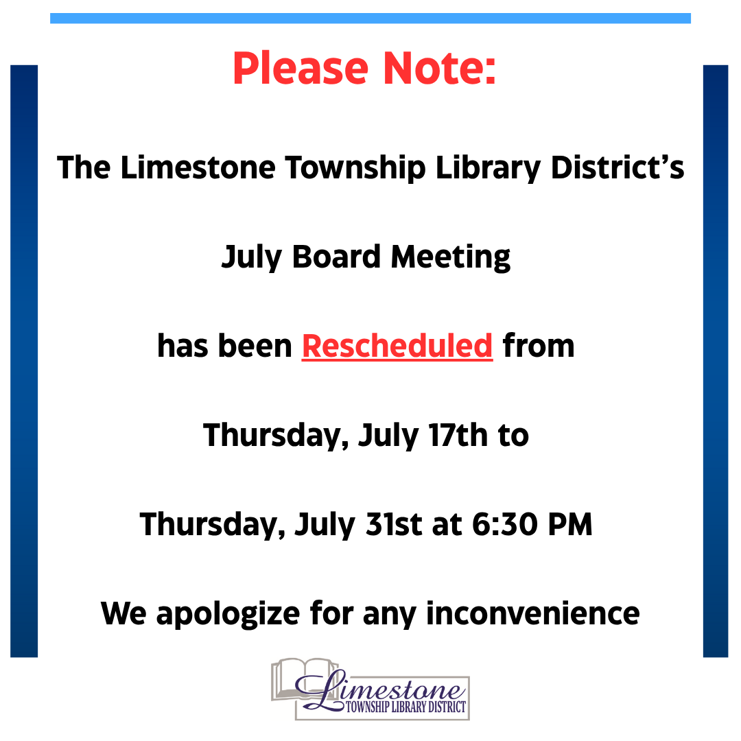 Board meeting rescheduled to July 31, 6:30 PM. Apologies for inconvenience.
