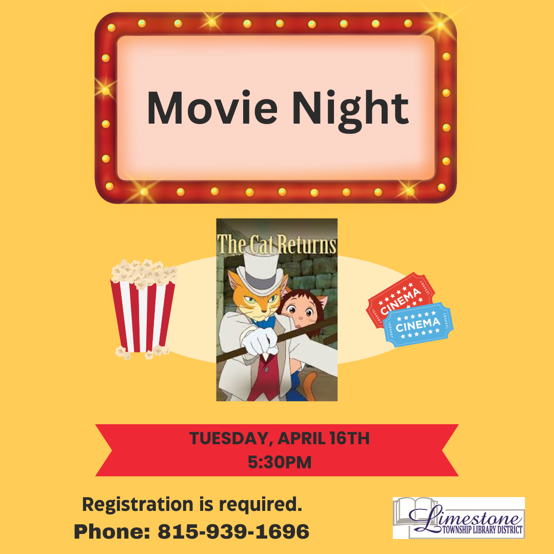 Movie night flyer for "The Cat Returns" on Tuesday, April 16th at 5:30 PM, with registration details and popcorn graphic.