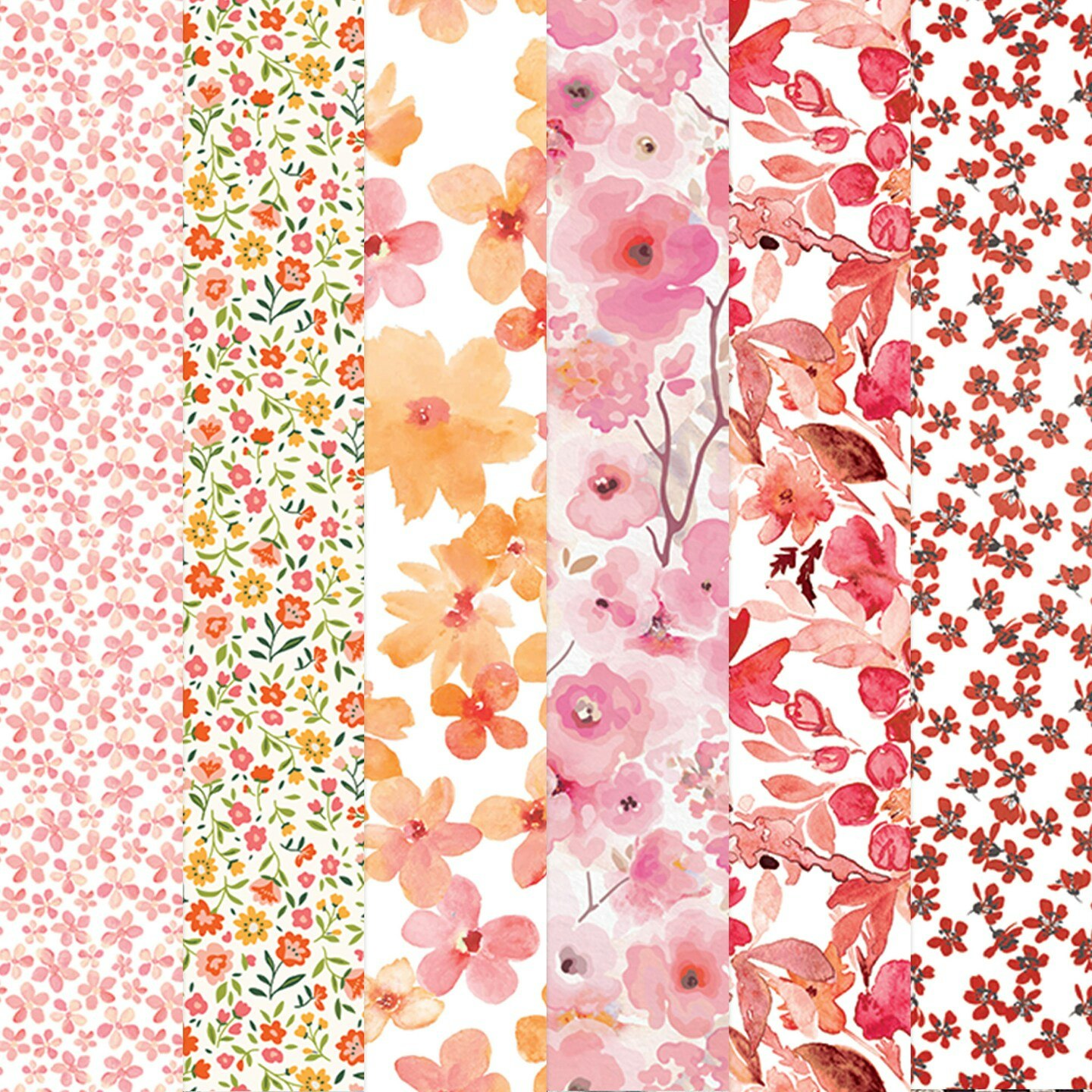 Vertical strips of floral patterns in pink, orange, and red tones.