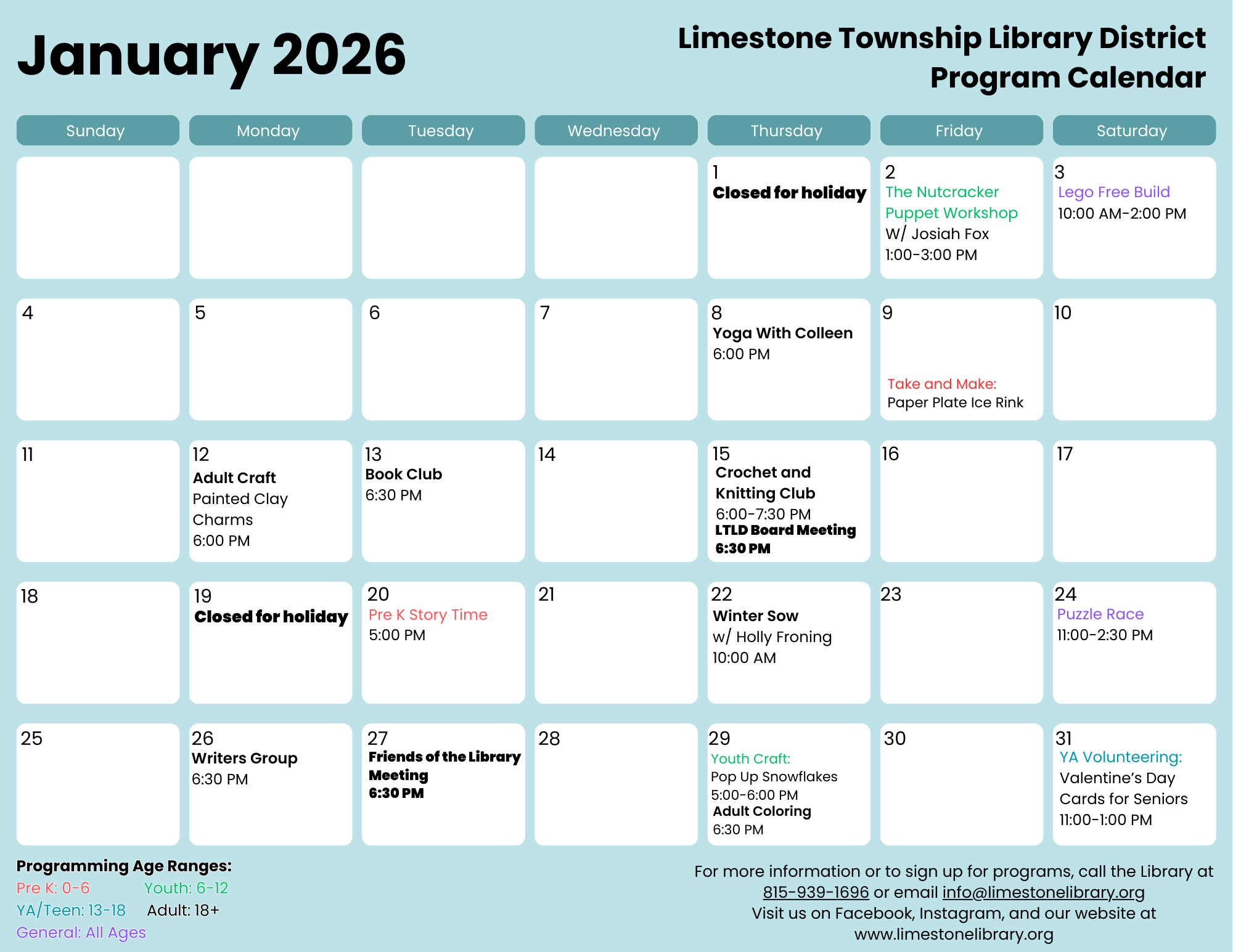 A calendar for January 2026 featuring library events like workshops, book clubs, crafts, and story time activities.