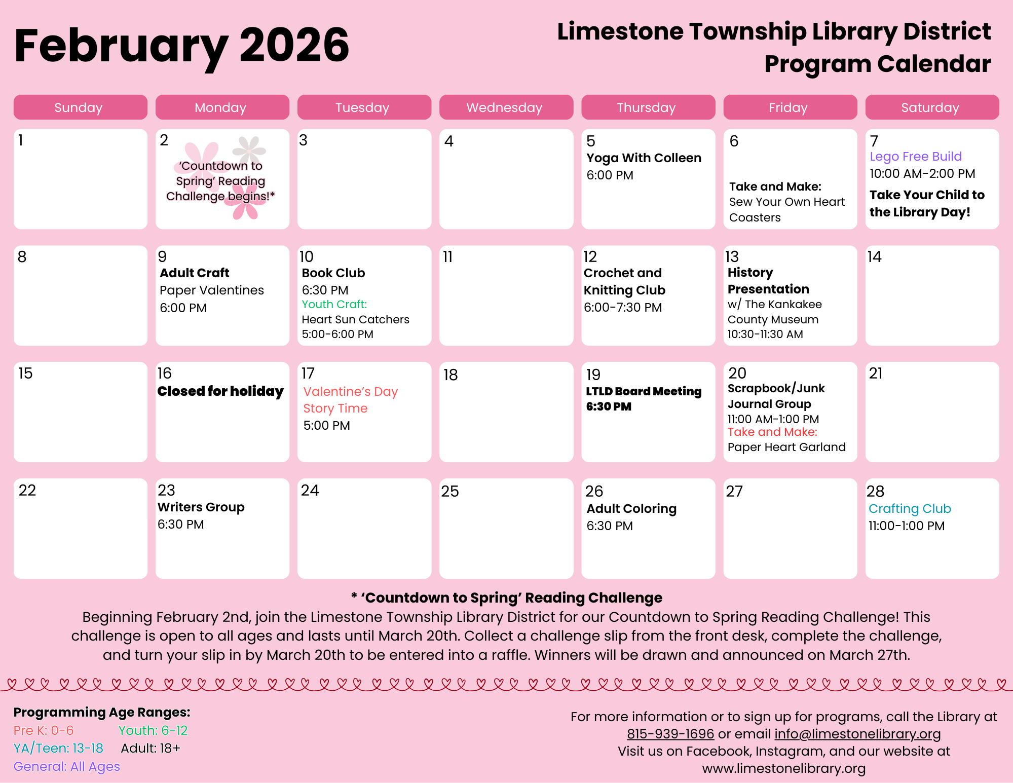 February 2026 library events calendar includes crafts, book clubs, story time, and a spring reading challenge.