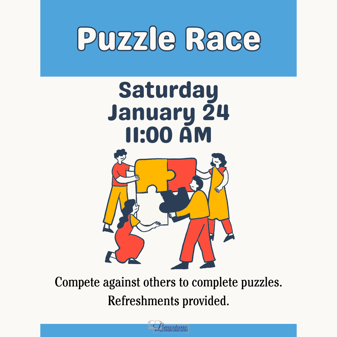A Puzzle Race event on January 24 at 11:00 AM. Compete to complete puzzles; refreshments provided.