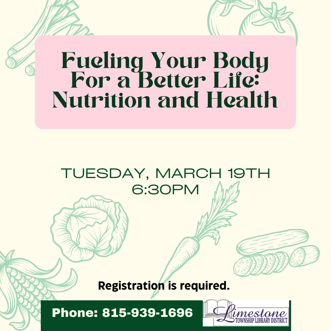 Poster for a nutrition and health event on March 19th at 6:30 PM, with registration details and vegetable graphics.