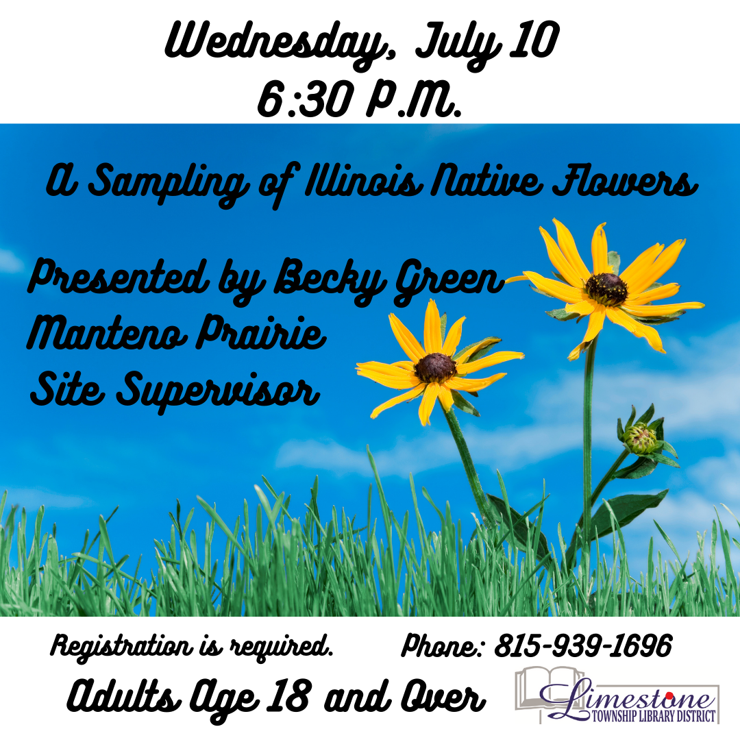 Event poster for "Sampling of Illinois Native Flowers" presentation on July 10 at 6:30 PM, for adults 18+, registration required.