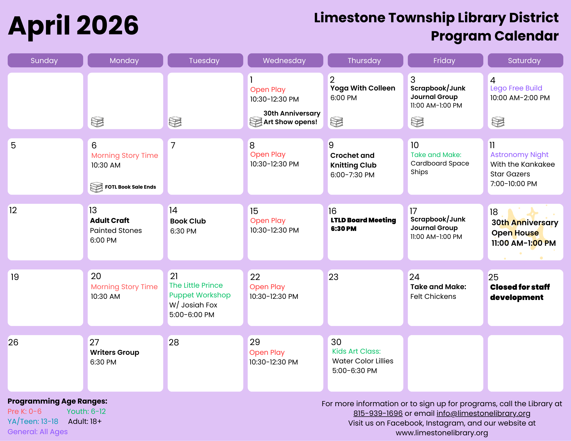 April 2026 calendar of events at Limestone Township Library: story times, crafts, book clubs, open play, and special activities.