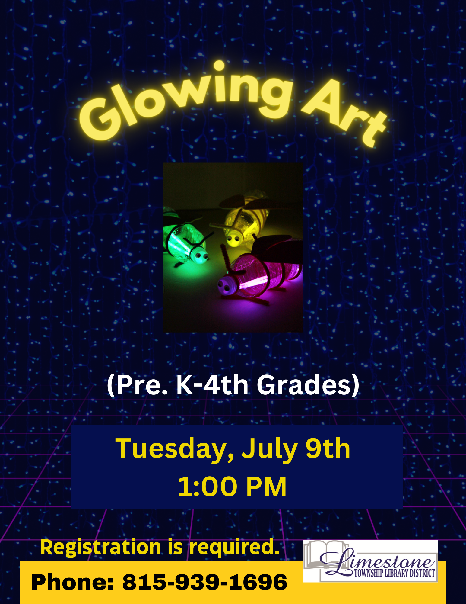 Flyer for a "Glowing Art" event for Pre-K to 4th graders on July 9th at 1:00 PM with registration details.