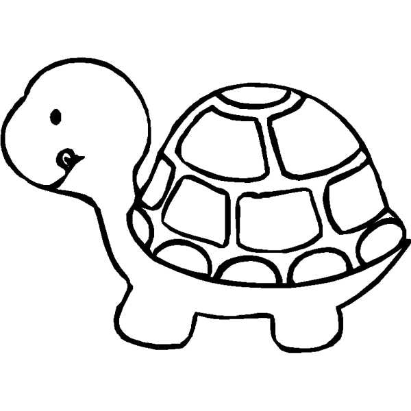 A simple black and white drawing of a smiling turtle with a patterned shell.