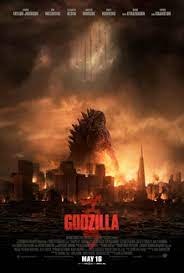 Godzilla looms over a fiery cityscape on the movie's dramatic poster.