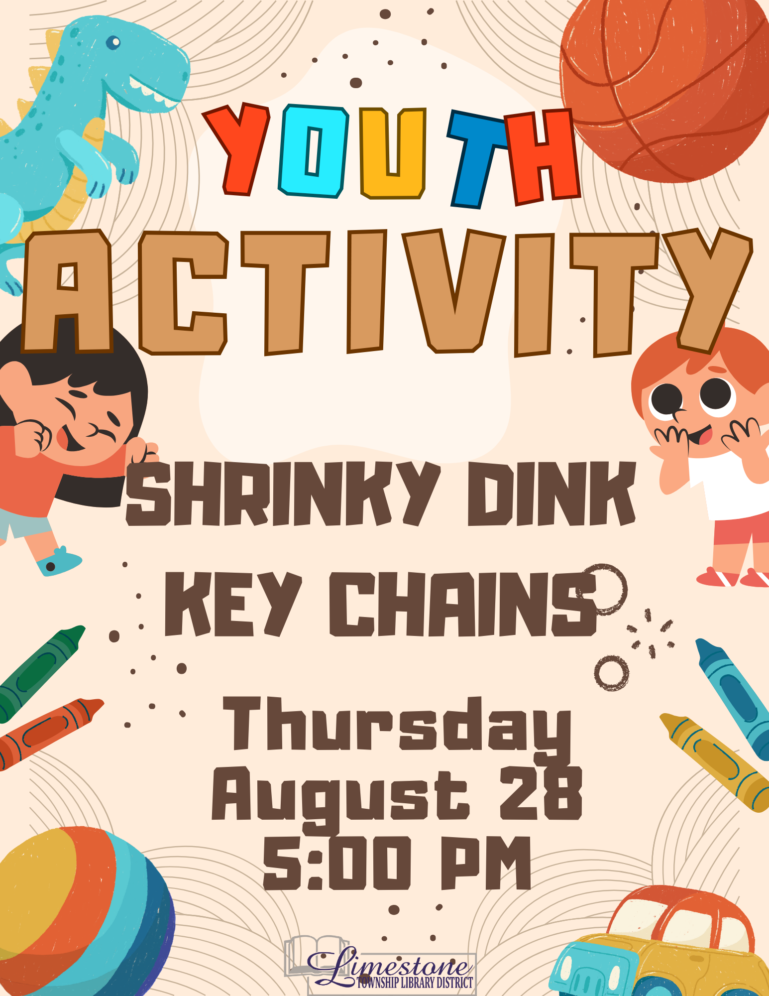 Youth activity announcement for making Shrinky Dink key chains. August 28 at 5:00 PM. Fun illustrations included.