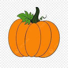 An illustration of an orange pumpkin with green leaves and stem.
