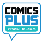 Logo for "Comics Plus" with a speech bubble saying "#ReadAllTheComics".