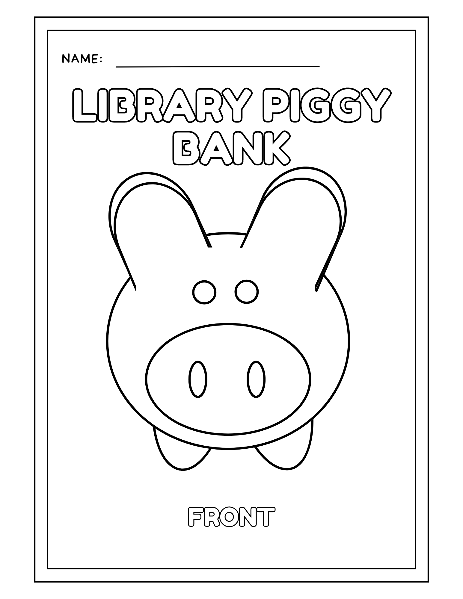 Coloring page titled "Library Piggy Bank" with a cartoon piggy bank illustration.