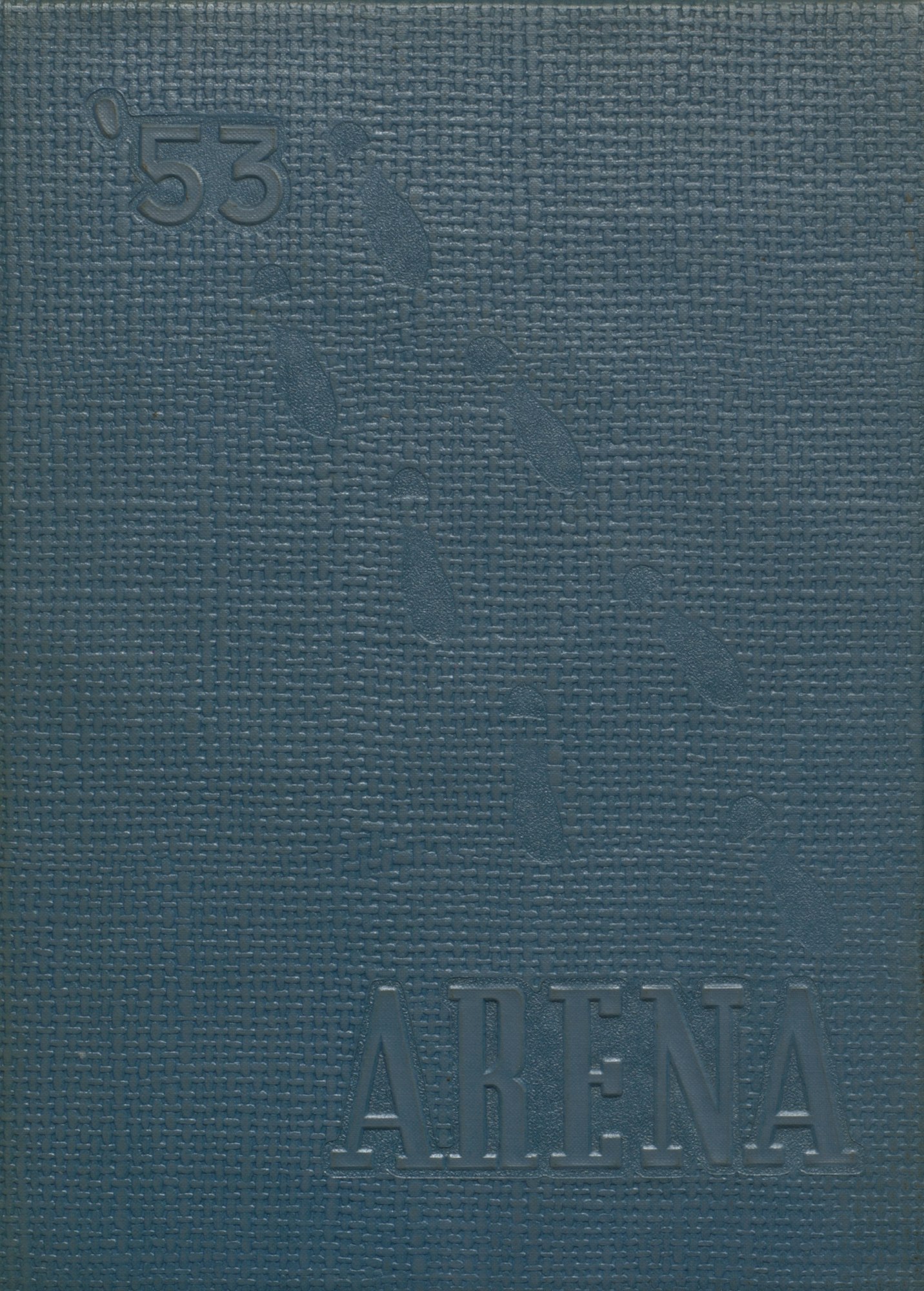 Dark textured cover with embossed year "'53" and the word "ARENA" along with shoeprints.