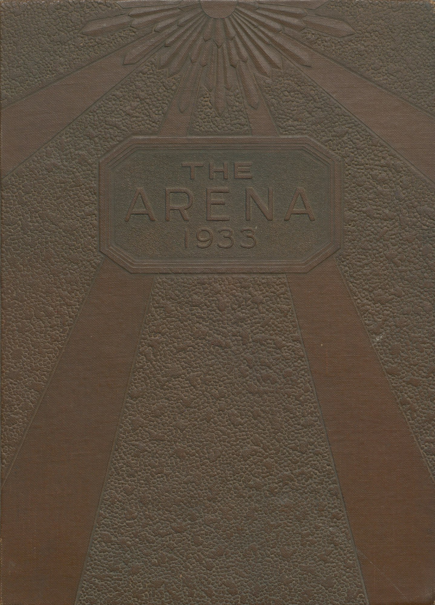 Cover of "The Arena 1933" with a textured brown background and sunbeam design.