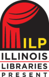 Logo with a stylized red curtain, "ILP" letters, and the text "Illinois Libraries Present."