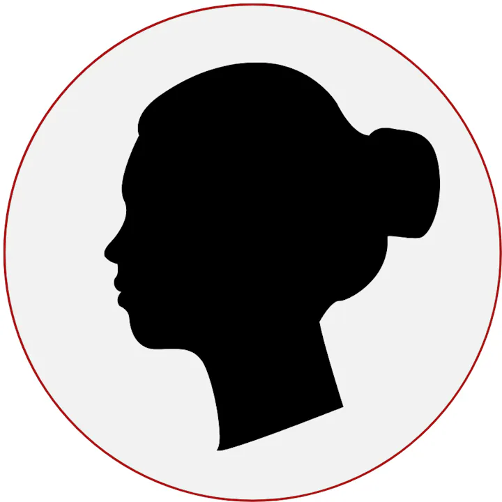 Silhouette of a woman in profile, with a bun, inside a circular frame.