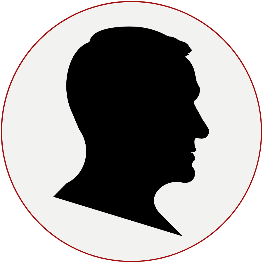 Silhouette of a person's head in profile, inside a white circle with a red border.