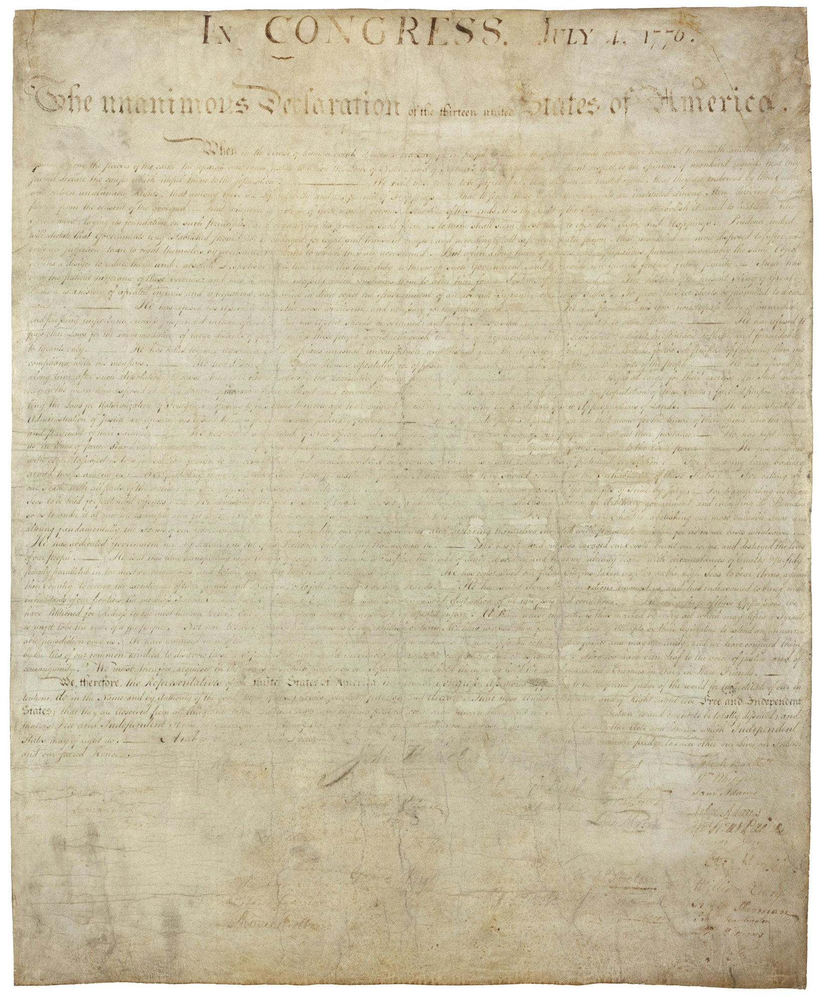 The Declaration of Independence, a historical document from July 4, 1776.