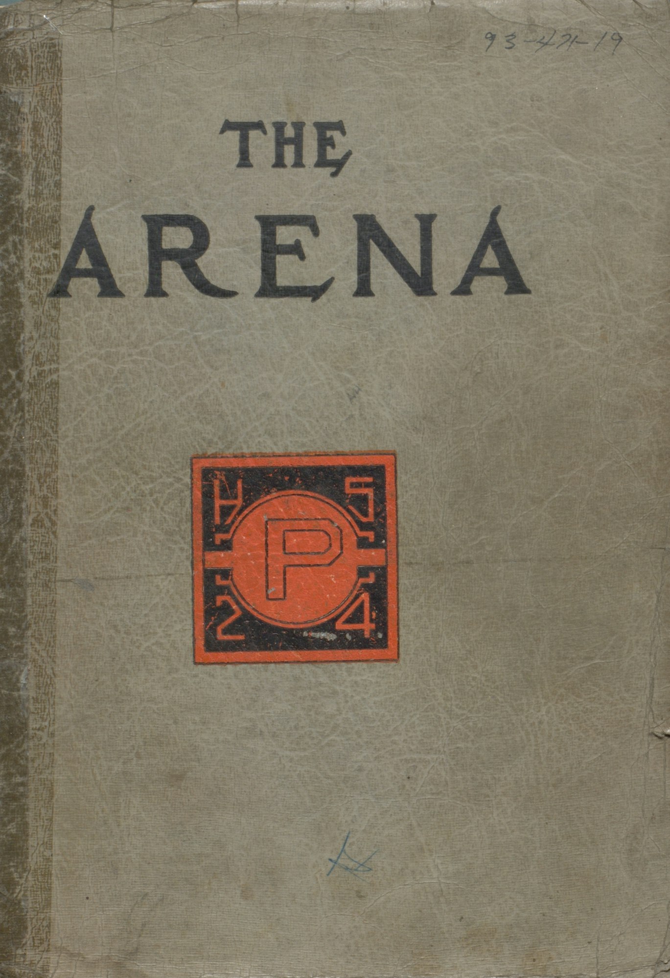 Cover of "The Arena" featuring bold text and a red emblem with a "P" and numbers on textured paper.