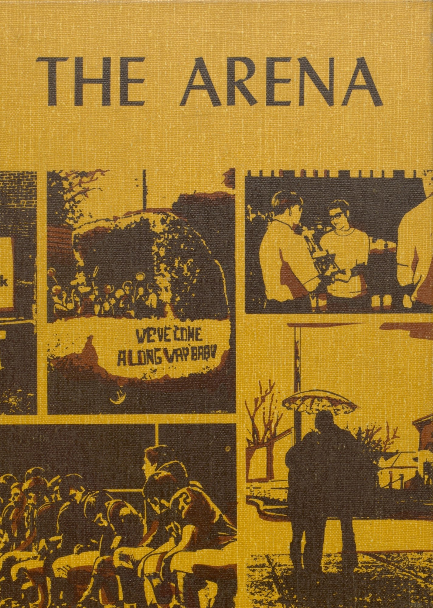 A stylized cover titled "THE ARENA" with various sepia-toned, illustrated scenes: athletes on a bench, people conversing, and a couple with an umbrella.