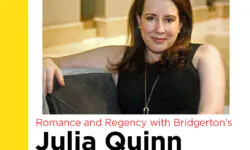 A woman sitting on a couch with text: "Romance and Regency with Bridgerton's Julia Quinn."