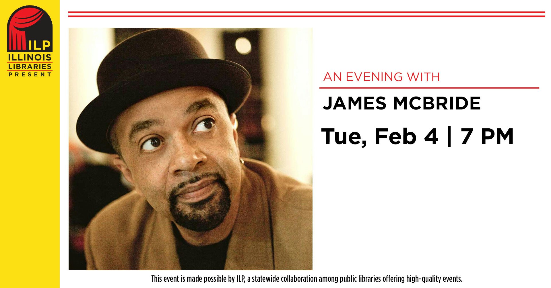 Event flyer for "An Evening with James McBride," Tue, Feb 4 at 7 PM, presented by Illinois Libraries.